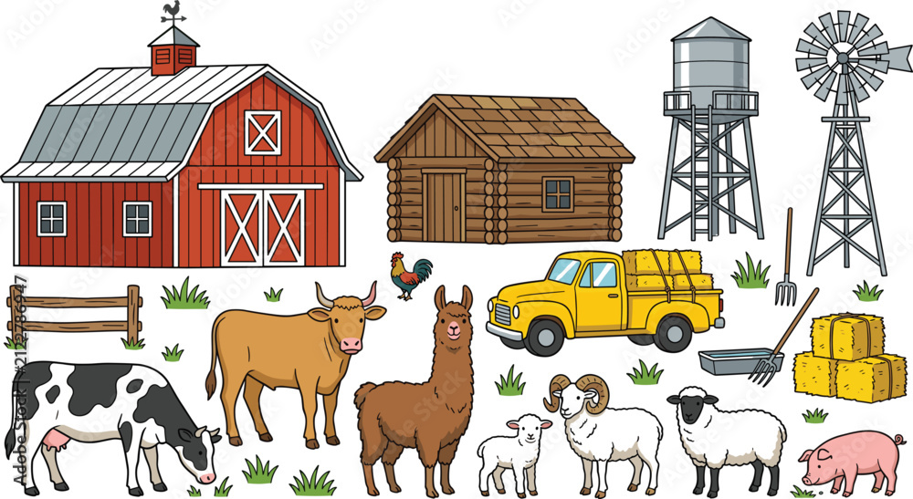 Naklejka premium Hand Drawn Style Countryside Farm Vector Set with Red Barn, Yellow Pickup Truck, Windmill, Cows, Alpaca, Sheep, and Livestock Elements for Agriculture Designs