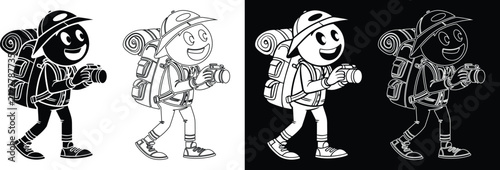 Cartoon character hiker walking with heavy backpack and camera vector icon set on split background