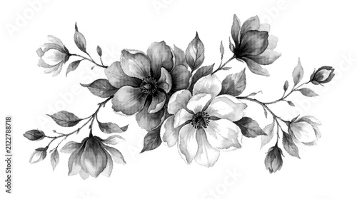 Black and white floral branch composition with multiple blossoms as isolated element