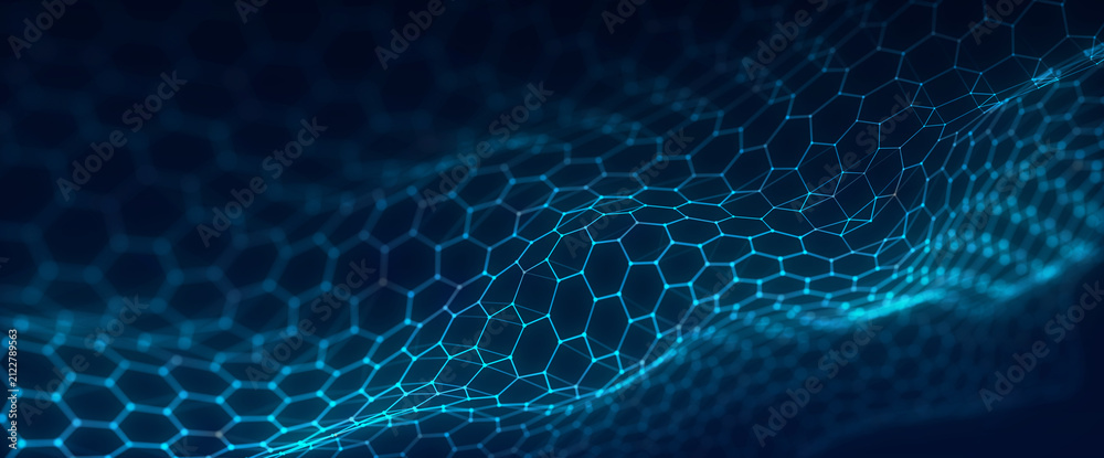 Naklejka premium Blue hexagon grid surface on a dark background with glowing edges, soft focus and copy space. Abstract technology background for digital data, cyber interface and network structure design.