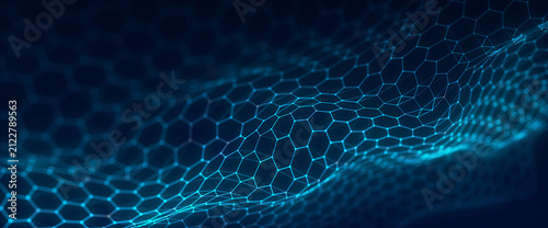 Fotografie Blue hexagon grid surface on a dark background with glowing edges, soft focus and copy space