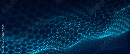 Panel kuchenny z motywem Blue hexagon grid surface on a dark background with glowing edges, soft focus and copy space. Abstract technology background for digital data, cyber interface and network structure design.