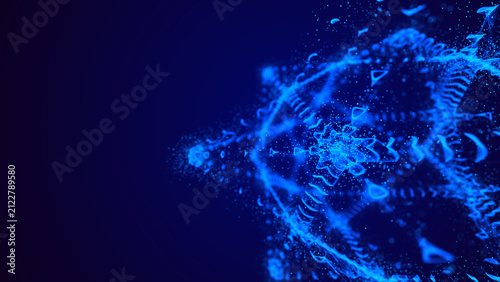Blue glowing particle vortex on dark background with abstract digital waves, scattered dots and large copy space. Futuristic technology background for data flow, energy, cyber design and digital motio