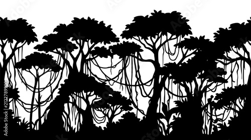 Black and white silhouette of a dense tropical jungle forest with hanging vines