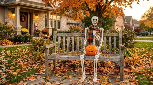Skeleton sitting on a bench with a pumpkin. Halloween outdoor decoration in autumn garden.