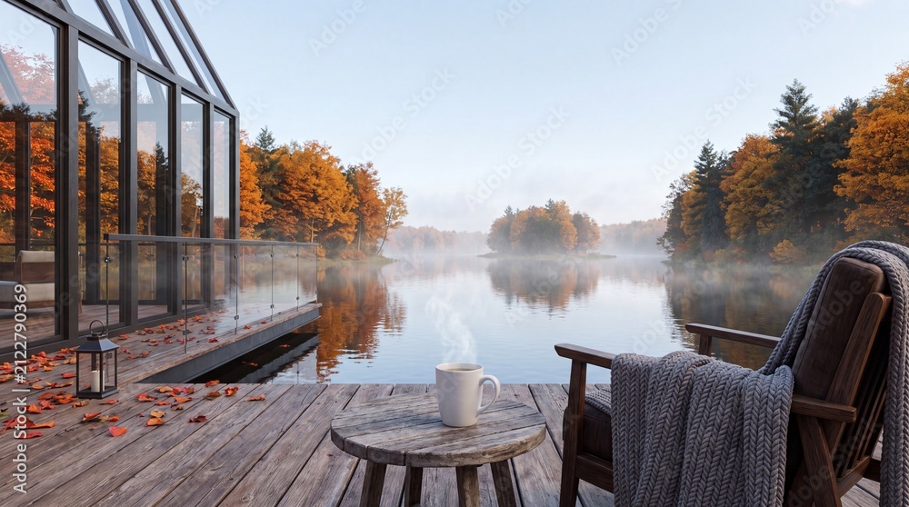 Naklejka premium Scenic lakeside view with wooden deck, steaming coffee cup, and autumn foliage reflecting in calm water at sunrise