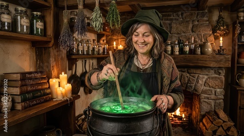 Mature woman acting as a witch. Female character stirring a magical potion in a cauldron.
