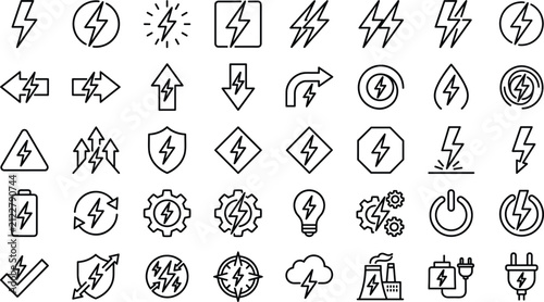 Electrical power and energy line icon set featuring lightning bolt symbols battery charging plug and utility grid factory elements