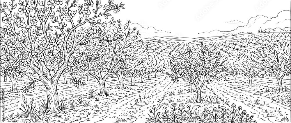 Fototapeta premium Blooming Fruit Orchard Landscape Line Art Illustration for Coloring