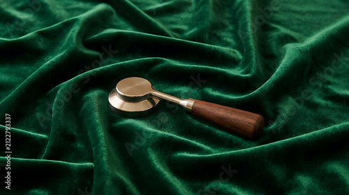 Wood handle coffee tamper on luxury green fabric.