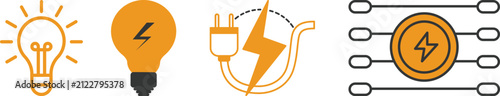 Electricity and energy icon set featuring light bulbs, lightning bolts, power plugs, electric circuits, innovation, renewable energy, and technology vector symbols for web and print.