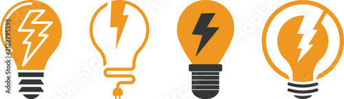 Electricity and energy icon set featuring light bulbs, lightning bolts, power plugs, electric circuits, innovation, renewable energy, and technology vector symbols for web and print.