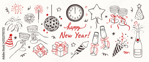 New year party element set, with champagne glasses, disco ball, sparklers, gifts in coquette doodle hand drawn style. Vector collection for invitation, stickers, greeting card and holiday design.