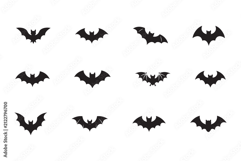 Fototapeta premium Halloween Bat Silhouette Vector Set – Collection of 12 Black Flying Bat Icons