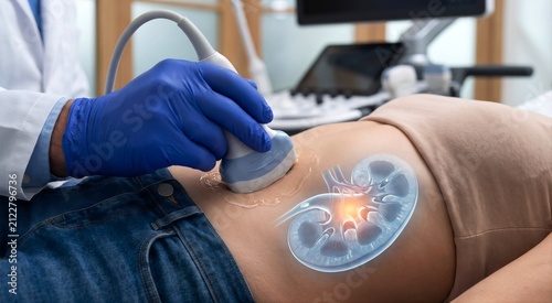 Kidney Ultrasound Examination with Anatomical Overlay Showing Renal Anatomy and Urinary System Assessment