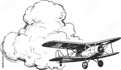 vintage biplane flying with cloud background old fashioned propeller airplane in sky