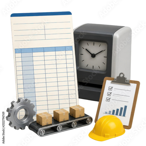 Warehouse Supply Chain Operations with Timecard Conveyor Belt Clipboard and Safety Helmet