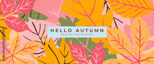 Abstract autumn background with colorful oak, maple and chestnut leaves in trenndy whimsical hand drawn style. Modern vector template for seasonal banner, social media, cover, poster.