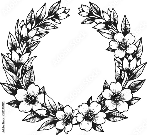 Floral wreath sketch circular frame of blooming flowers and leaves hand drawn botanical design for decoration and invitations