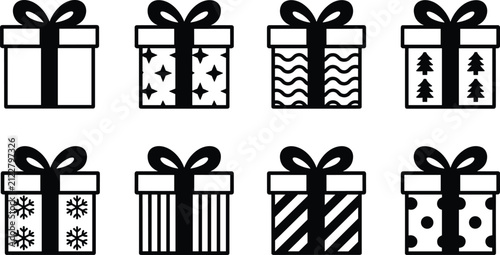 Christmas gift box vector icon set featuring wrapped present boxes with bows and festive patterns