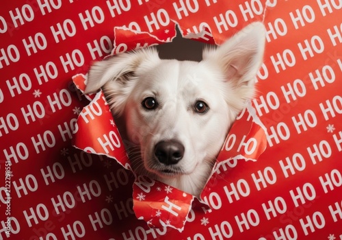 A cute white dog peeks through torn wrapping paper with a festive ho ho ho pattern, embodying christmas spirit and surprise