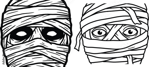 Bild auf Leinwand Two hand drawn black and white illustrations of ancient egyptian mummy heads wra