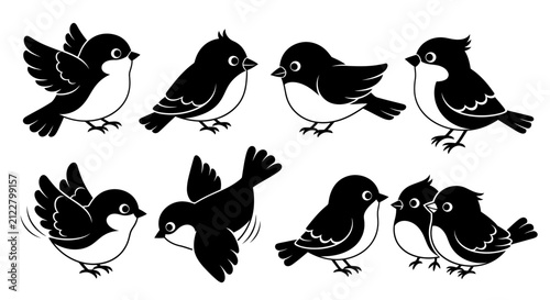 Black silhouettes of common small songbirds in profile and flight.