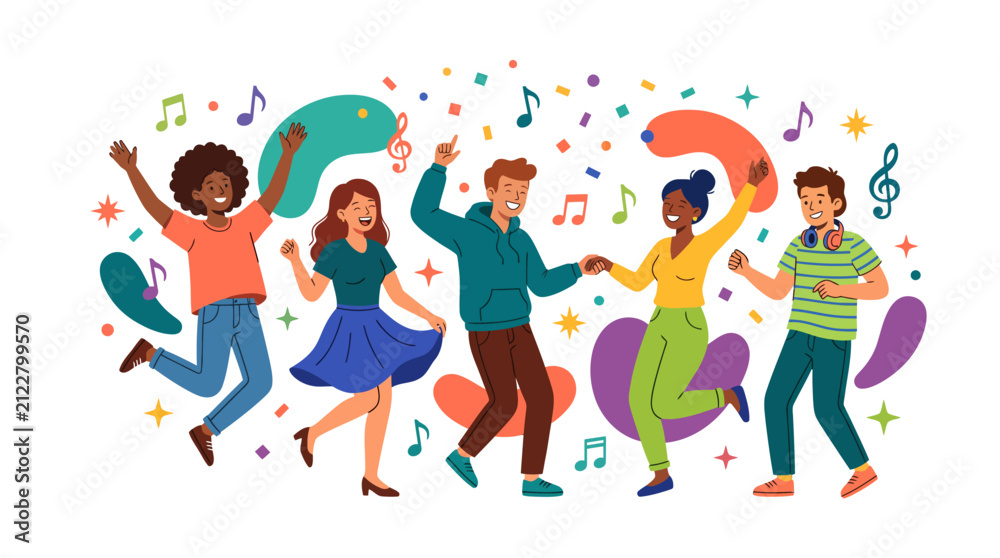 Fototapeta premium Diverse group of young multiracial friends dancing and having fun together at a party with music notes