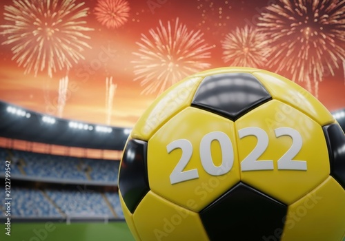 Yellow and black soccer ball with 2022 prominently displayed, set against a stadium backdrop with fireworks in the night sky