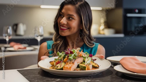 Smiling woman serving a plate of grilled salmon and vegetables on a marble table in a modern kitchen. She looks at the food with a happy expression. Concept of gourmet dining, healthy eating, home