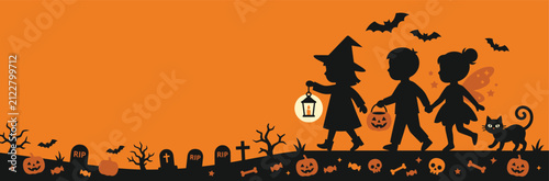 Fotografie Happy children in costumes trick or treating in a festive halloween background v