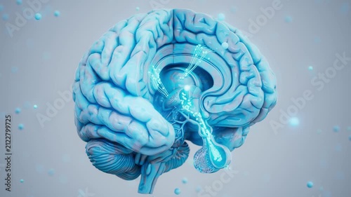 Conceptual 3D animation of a brain cross section with hypothalamic-pituitary axis hormones