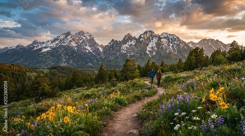 Hikers on Alpine Trail with Wildflowers and Snow-Capped Mountains, Adventure Travel and Exploration Concept
