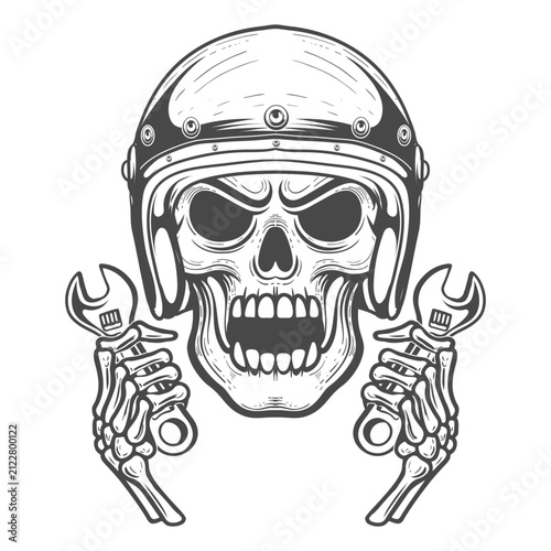 Angry skull mascot in vintage motorcycle helmet holding wrenches for garage logotype art.