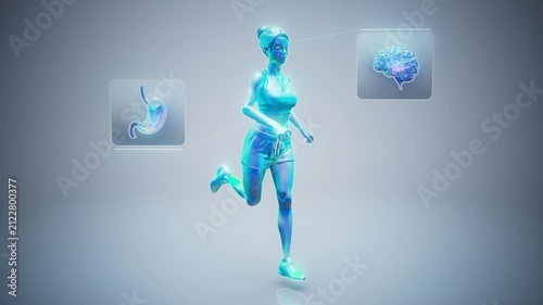 Conceptual 3D animation of a fit woman running with brain-gut axis hormones