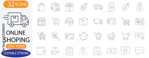 Online Shopping and E-commerce Line Icons. Vector Delivery Truck, Shopping Cart, and Store Symbols with Editable Stroke.