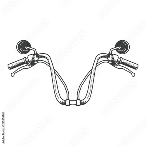 Custom motorcycle handlebar assembly with hand levers and round mirrors line art graphic.