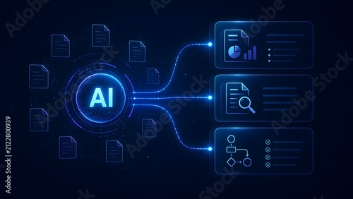Glowing AI artificial intelligence core connecting to digital document files for automated data analysis and workflow processing