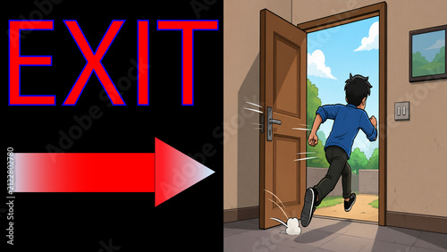 Fotografie Dramatic exit illustration featuring man running out with red arrow