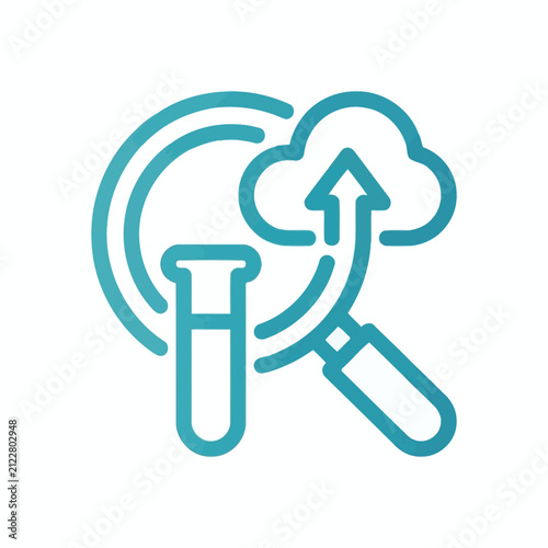 Cloud computing research icon with magnifying glass and tube.