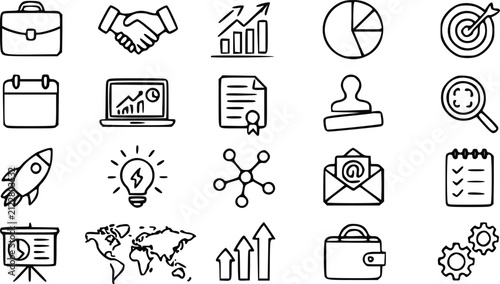 Set of hand drawn business and finance icons including briefcase handshake growth chart target calendar laptop document stamp search rocket light bulb