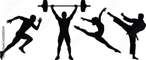 Athletic sports silhouettes featuring runner weightlifter gymnast and martial artist in dynamic action poses