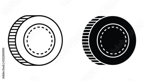 Two circular coin icons showing outline and solid black styles for financial and currency design