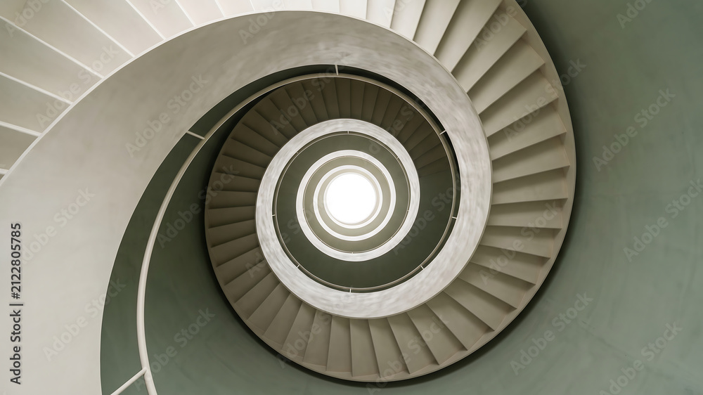 Fototapeta premium Modern Spiral Staircase Interior with Ivory and Sage Green Architectural Design