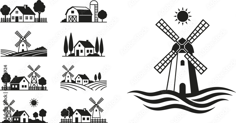 Fototapeta premium Black and white farm house and windmill vector icon set for rural design