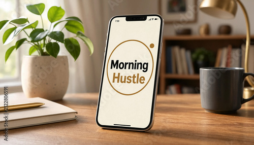 Modern smartphone displaying Morning Hustle app with a potted plant and coffee mug on a wooden desk
