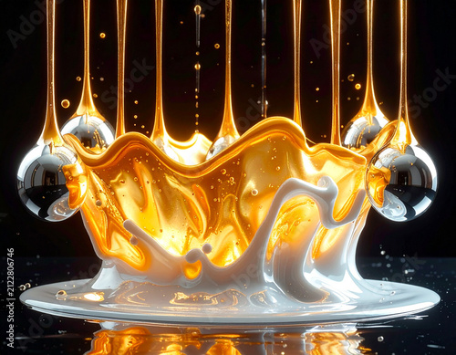 Macro close-up of golden viscous essence drops glowing against a deep black background