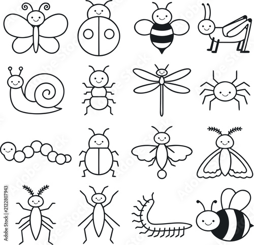 Cute Bug and Insect Coloring Page Set, Kawaii Line Art Vector Design Collection