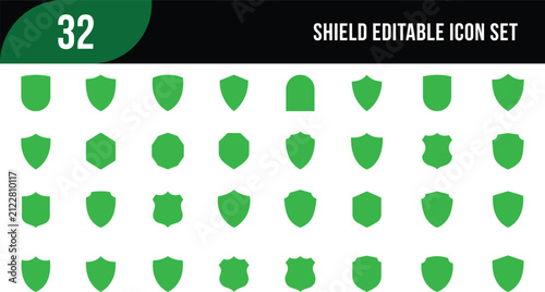 Shield editable icon set 32 green security shape badge vector illustration