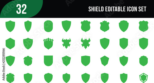 Shield editable icon set 32 green security and defense silhouette vector collection